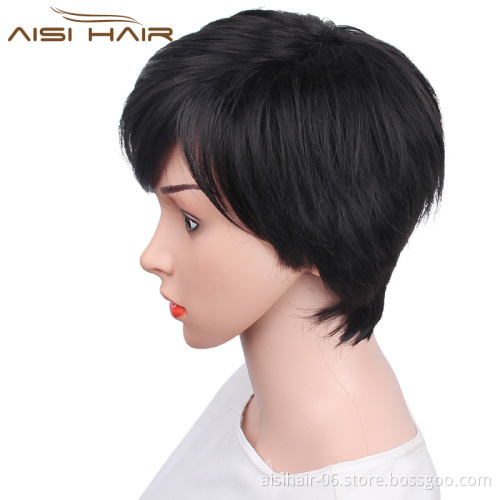 Aisi Hair Top Quality Synthetic Pixie Cut Short Black Wigs For Black Women Heat Resistant Fiber